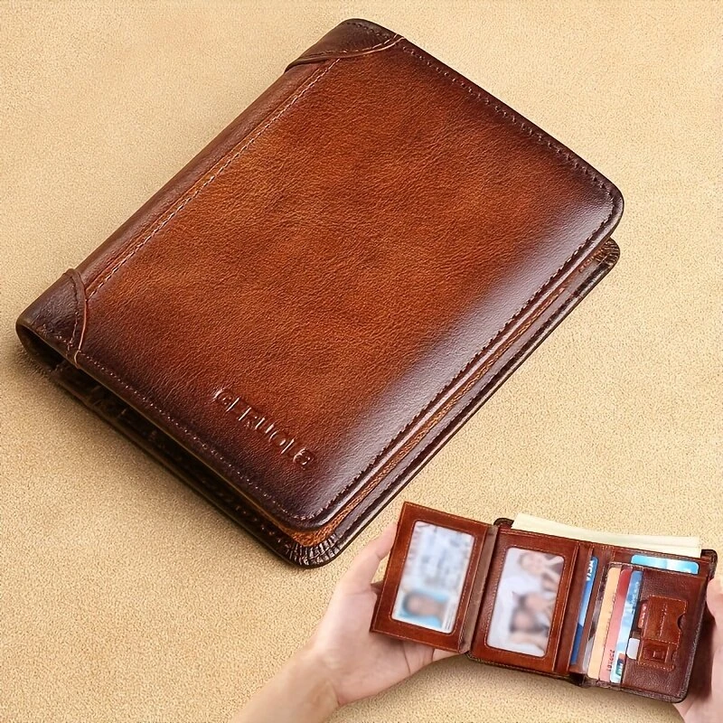 (image for) Ekphero Men's Wallet Genuine Leather RFID Blocking Short Wallet Vintage Thin Multi Function ID Credit Card Holder Flip-flop Male Money Purse